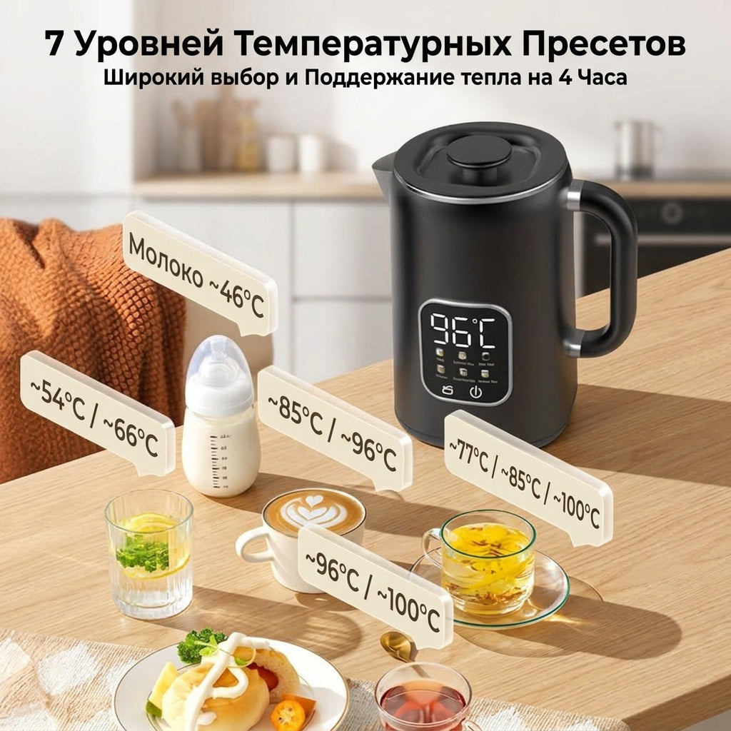 Электрический чайник 1,7 л 1500 Вт с 5 режимами температуры, дисплеем и сталью