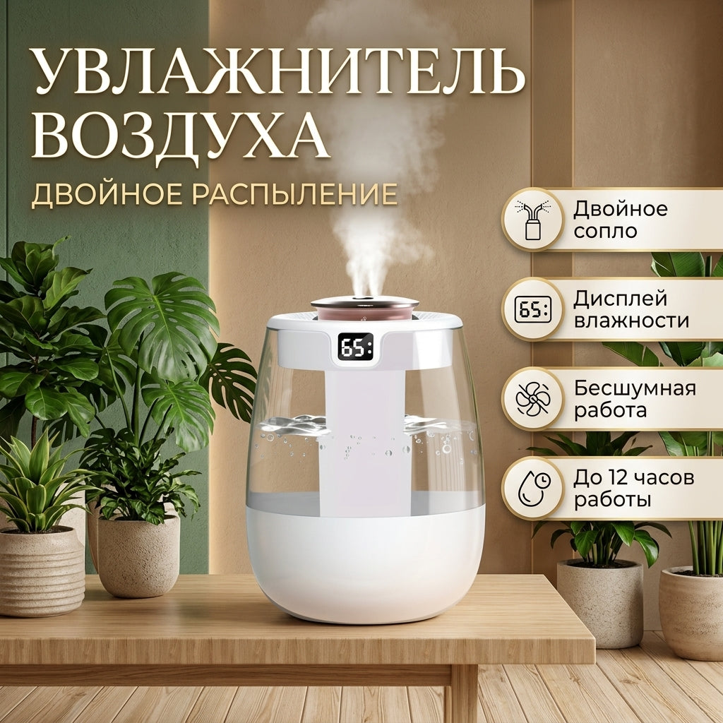 Увлажнитель воздуха с двойным распылением, цифровым дисплеем и бесшумной работой