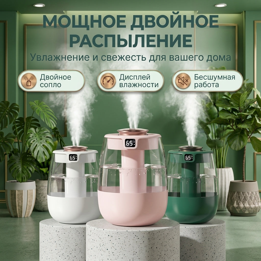 Увлажнитель воздуха с двойным распылением, цифровым дисплеем и бесшумной работой